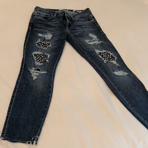 Guess Dark Blue Straight Leg Jeans with Pearl Details